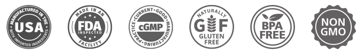 Made in USA, 100% natural, FDA approved, GMP certified badges logo
